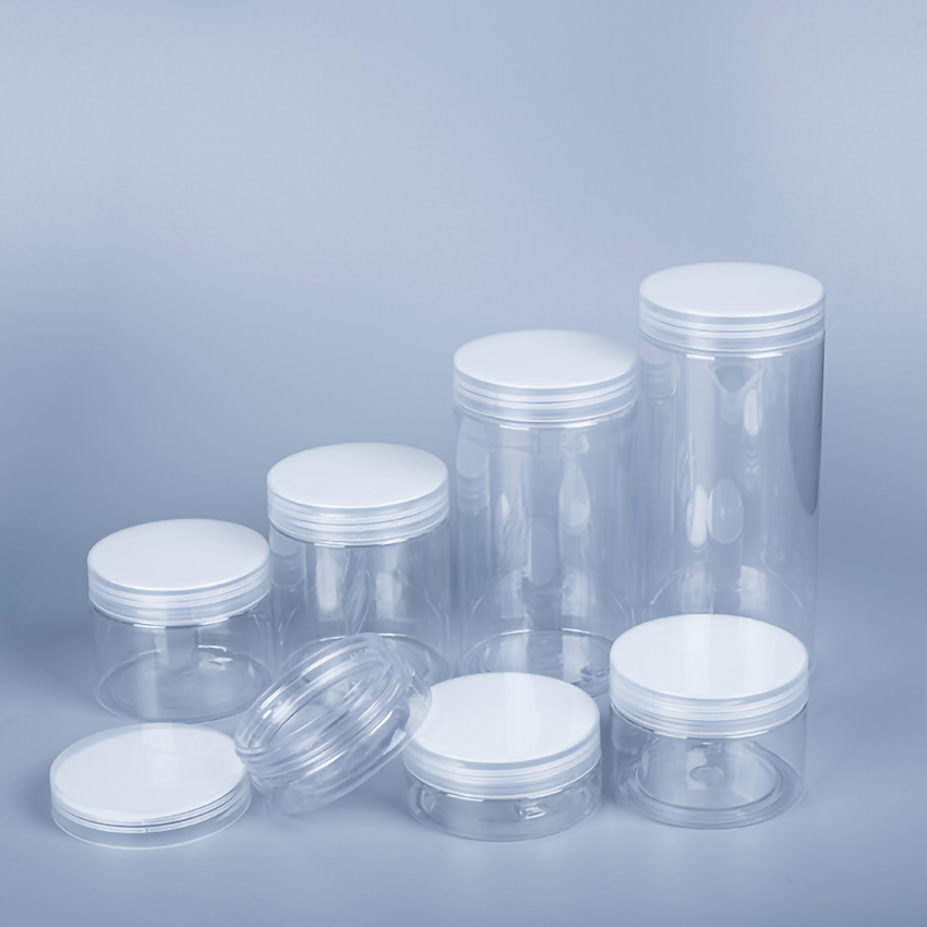 100ml 150ml 200ml 500ml Clear PET Round Wide Mouth Plastic Jars 2 oz 6oz 16oz Powder Butter Cream White Jar with Black Lids Seal