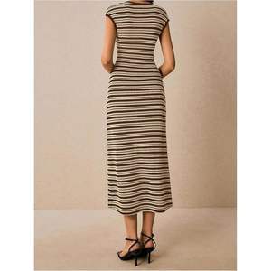 Vestido midi de punto ajustado con cuello redondo y manga casquillo a rayas para mujer, informal, transpirable, de verano. - Product Image 5