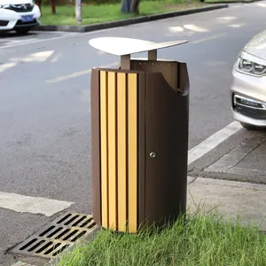 New Modern Outdoor Trash Bin For Park Streetscape Round Waste Bins With 60L Trash Bin Outdoor With PS Wood Commercial Garbage