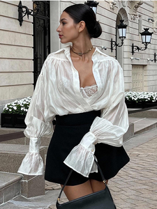 Camicetta <span class=keywords><strong>Bianca</strong></span> Oversize da Donna con Dettaglio Intrecciato Frontale e Maniche a Sbuffo, Camicia Casual a Maniche Lunghe con Polsini Svasati - Product Image 3