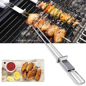 Brochettes de cuisson en acier inoxydable pour barbecue, fourchettes plates pour grillades, outil de pique-nique et camping en extérieur - Product Image 5