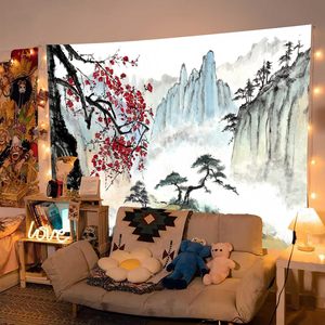 Tapiz de Poliéster con Paisaje de Montaña y Flores de Ciruelo Rojas, Decoración de Pared Impresa, Lavable a Máquina, Arte Mural, Venta al Por Mayor - Product Image 4