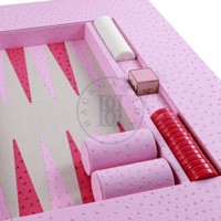 Plateau de backgammon de luxe en cuir gaufré grain d'autruche rose