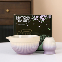 En stock, bol à matcha en céramique japonais multicolores avec bec verseur, texture côtelée verticale, chawan avec support, ensemble matcha 2 pièces