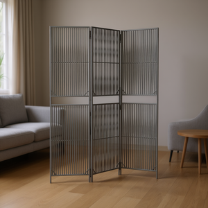 Separador de Ambientes de 3 Paneles de Poliratán Gris, Plegable, Diseño Moderno, Estructura de Marco Translúcido - Product Image 2