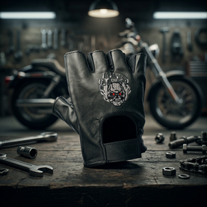 HMB-2015A Real Genuine <b>Leather</b> Biker <b>Fingerless</b> <b>Gloves</b> Skeleton Embroidery Style Skull Model Cycling Outdoor Sports Travel - Product Image 3