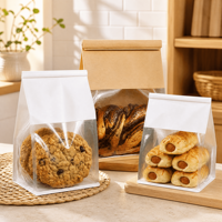 Sac de boulangerie personnalisé imprimé en papier brun avec fenêtre de visualisation, fermeture à fil et fond carré pour biscuits, pâtisseries, commandes sous marque privée pour boulangeries