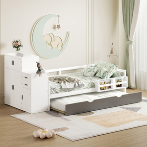 Twin Size Wood Platform <b>Bed</b> with Sample Bookshelf and Movable Wardrobe, Multifunctional <b>Bed</b> with Built-in Trundle <b>Bed</b> - Product Image 1