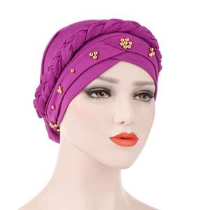 Diseñador de moda sólido solo trenza rebordear turbante perla cristal musulmán señoras <span class=keywords><strong>Hijab</strong></span> sombrero africano Mujer cabeza envoltura - Product Image 5