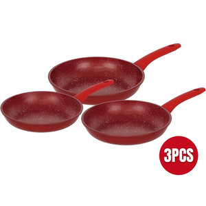 Juego de 3 sartenes antiadherentes rojas con mango, revestimiento de mármol, utensilios de cocina - Product Image 1