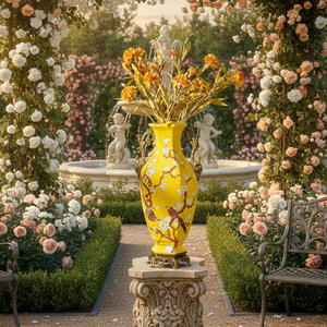 Jarrón de Cerámica con Asa de Latón Regal, Jarrón Decorativo de Porcelana con Diseño Floral Amarillo, Recipiente Floral para Penthouse de Lujo - Product Image 3