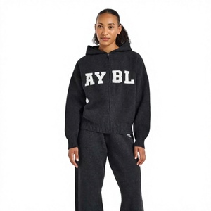 Sweat-shirt à capuche zippé en tricot pour femme avec imprimé lettres sur le devant, coupe classique, pour l'automne - Product Image 2