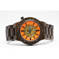 Montre mécanique squelette en bois d'ébène pour homme, cadran creux orange vif, bracelet à maillons en bois, montre-bracelet sport décontractée étanche