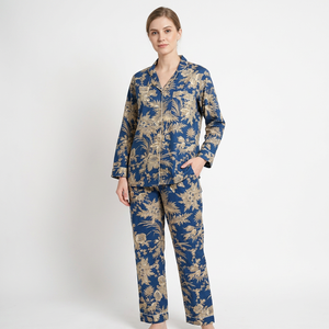 Ensemble de pyjama élégant en coton 100% pur, imprimé numérique floral, tissu tricoté à la main, taille élastique, manches longues, séchage rapide, été - Product Image 1