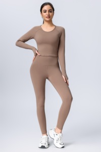 2 Piece Yoga Set Scoop Neck Long Sleeve High Waist Full Length Leggings Solid Color Seamless Spandex Polyester - Product Image 6