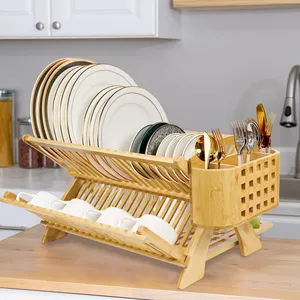 GL Large Capacity X Shape Custom Logo Detachable Light Simple Kitchen Bamboo Kitchen Dish Cup Drying Rack With Utensils Holder