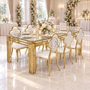 Ensemble de table à manger en acier inoxydable de qualité supérieure avec plateau en verre et chaises à dossier en forme de trèfle pour événements et banquets, vente en gros - Product Image 3