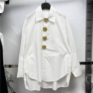 Nouvelle Arrivée 2026 – <span class=keywords><strong>Chemise</strong></span> Oversize Boutonnée pour <span class=keywords><strong>Femme</strong></span> avec Boutons Dorés de Luxe – Blouse Décontractée à Manches Longues Couleur Unie - Product Image 2