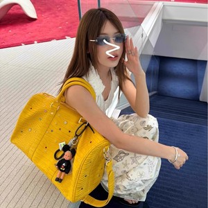 Yellow Crocodile Texture Boston Bag With Rhinestones Unisex Tote For Travel And Leisure - Product Image 2