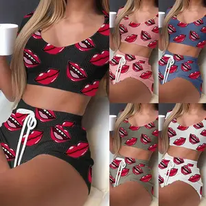 Yeni moda seksi dudaklar baskı pijama kadın kolsuz iki parçalı kısa kollu setleri kadın pijama