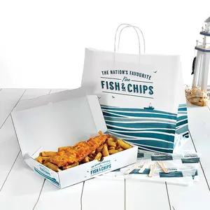 Impresión personalizada de pescado y patatas fritas de embalaje caja de papel pescado y patatas fritas comida rápida para llevar hamburguesa cajas de embalaje de pizza con logotipo