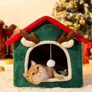 手作りの高品質の環境にやさしいペットハウス高級サンタデザイン猫の洞窟と犬のベッド暖かく居心地の良い猫のベッド家庭用