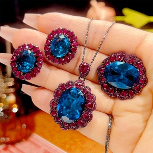 Fashion Eco-friendly Copper Bridal Set Jewelry 13*18-10*12mm Blue Zircon Black Gold Vintage Necklace <b>Earrings</b> Ring Set - Product Image 2