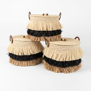 Boîte de rangement et d'organisation ronde en raphia, décoration bohème, avec franges et couvercle pour l'organisation de la maison - Product Image 6