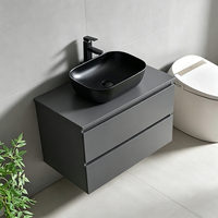 Meuble-lavabo mural flottant moderne et minimaliste de style nordique, gris anthracite poli, avec vasque à poser, pour salle de bain ou chambre