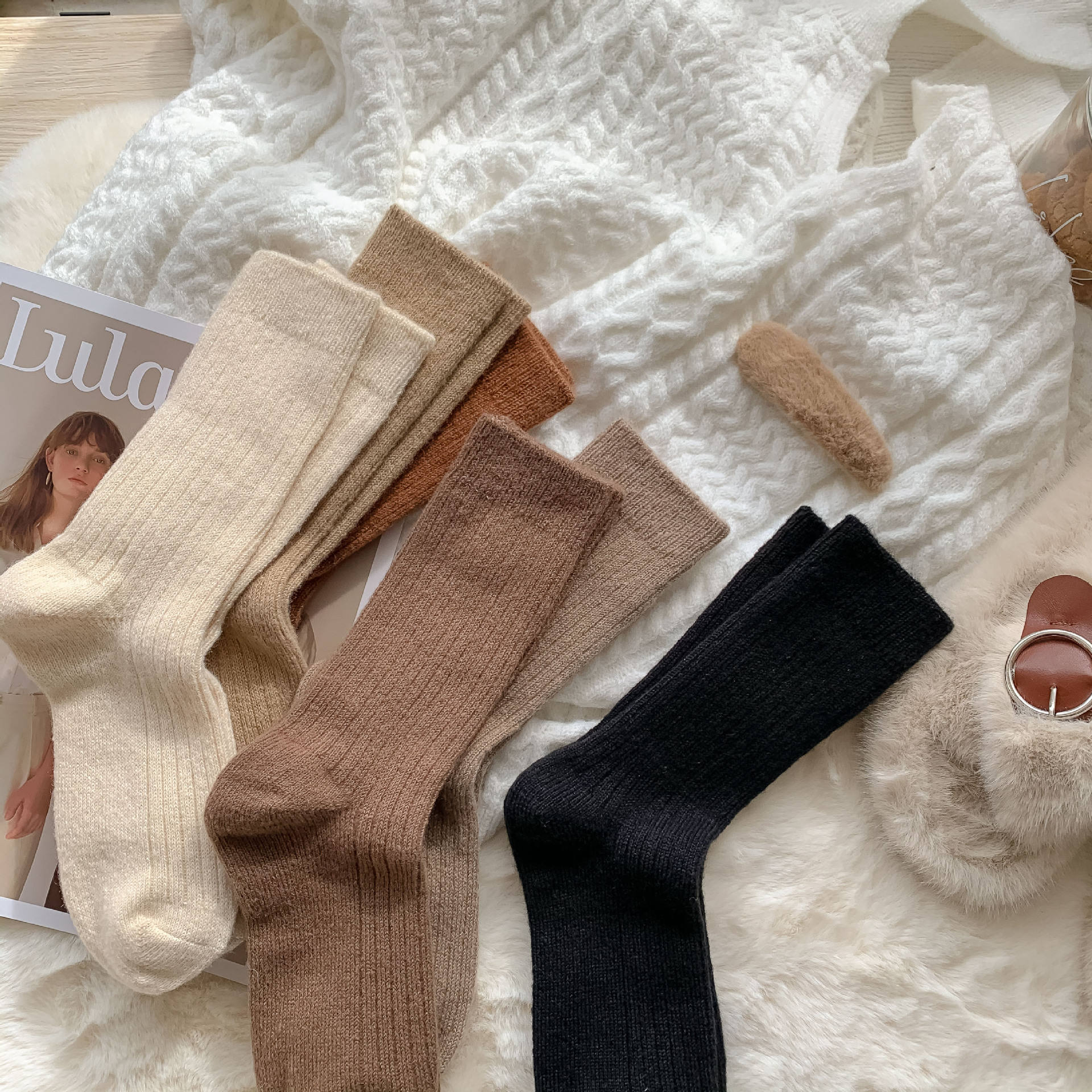 Women's Mid-Calf Japanese Style Slouch Socks Autumn Winter Thickened Warm Crew Knitted Sheep Wool Solid Color Soft Versatile