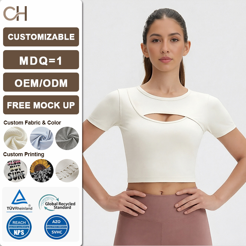 Women's Fashion Hollow Out Sports Yoga Short Sleeve T-Shirt Breathable Running Fitness Top Stretch Slim Fit Round Neck Shirt