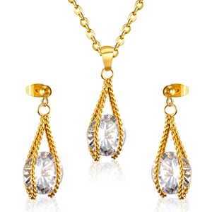 Ensemble de bijoux de mariage tendance en acier inoxydable plaqué or 18 carats avec zircon, boucles d'oreilles et collier, parure de mariée pour femme - Product Image 4