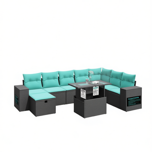 Black Poly Rattan Garden <b>Sofa</b> <b>Set</b> With Cushions 9 Piece Outdoor Furniture Contemporary Design - Product Image 1