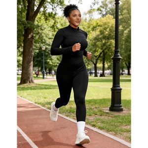 Conjunto de yoga personalizado para mujer de 2 piezas, chaqueta con cremallera de manga larga y leggings ajustados, ropa deportiva elástica de poliéster y spandex para gimnasio - Product Image 4