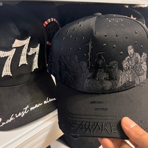 Gorra de béisbol de 5 paneles con visera curva de gamuza, bordado de diamantes de imitación y logotipo metálico al por mayor - The Rude Awakening - Product Image 1