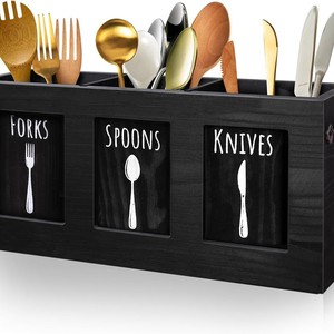 Boîte de rangement en bois pour couverts, noire, rectangulaire, style rustique, organisateur de fourchettes, cuillères et couteaux, type sur pied pour comptoir de cuisine - Product Image 5