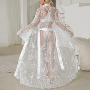 Peignoir long de luxe en maille transparente avec ceinture, robe sexy en dentelle, couleur unie, vêtement de nuit – Meilleures ventes - Product Image 4