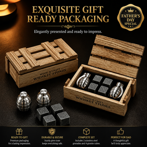 Regali per la Festa del Papà: Set Premium di Pietre per Whisky in Acciaio Inox a Forma di <span class=keywords><strong>Granata</strong></span> e Pietre Refrigeranti in Granito in Scatola di Legno - Product Image 4
