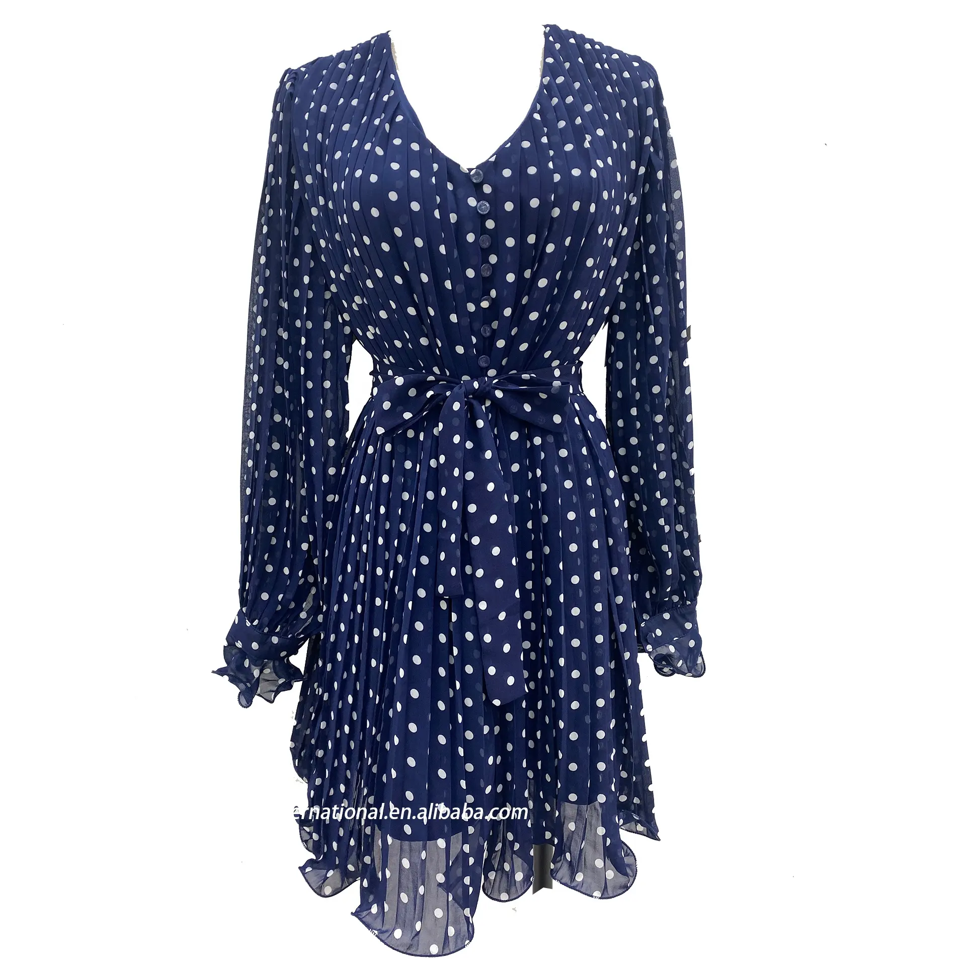 ヨーロッパの服ブルーイ服ドット印刷バッドフラウンスシフォンAラインかわいいドレス
