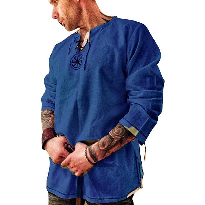 Camicia rinascimentale blu da uomo, blusa medievale