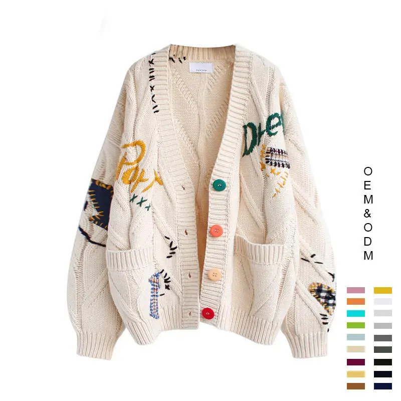 2023 personnalisé surdimensionné tricoté broderie Cardigan dames mode tricot Jacquard lâche femmes pull avec poches