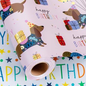 Birthday Dog Wrapping Paper 17in x 32.8ft Reversible Gift Wrap For Craft And Parties - Product Image 1