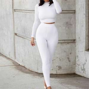 Conjunto Deportivo de 2 Piezas para Mujer, Top Corto de Manga Larga Ajustado de Color Sólido a la Moda, Pantalones Jogger - Product Image 3