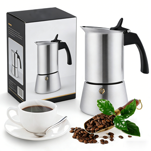 Cafetière Moka en acier inoxydable 304 de haute qualité, argentée, pour 2, 4, 6 ou 9 tasses, version améliorée - Product Image 1