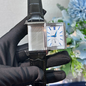 Luxury Rose Gold Reversible Rectangular <b>Watch</b> Silver Dial with Dual Time Zone and Black Leather Strap - Product Image 2