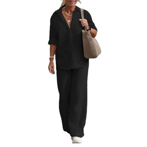 Ensembles pour femmes de <span class=keywords><strong>grande</strong></span> <span class=keywords><strong>taille</strong></span> style ou logo ODM personnalisé de la manufacture ensemble chemise décontractée chemisier <span class=keywords><strong>pantalon</strong></span> à jambes larges ensemble de pantalons deux pièces pour femmes pour le printemps - Product Image 4