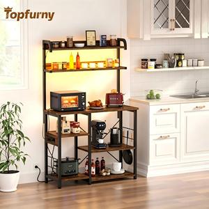 Étagère de cuisine Comfuri en bois avec prises électriques, lumières LED, chariot de rangement à 5 niveaux, station café, support pour <span class=keywords><strong>micro</strong></span>-<span class=keywords><strong>ondes</strong></span>, imperméable - Product Image 3