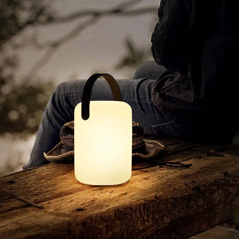Nordic Cylinder Lantern Table Lamps Indoor Outdoor Waterproof PE Portable Rechargeable Cordless RGB LED Table Lamp With Handle