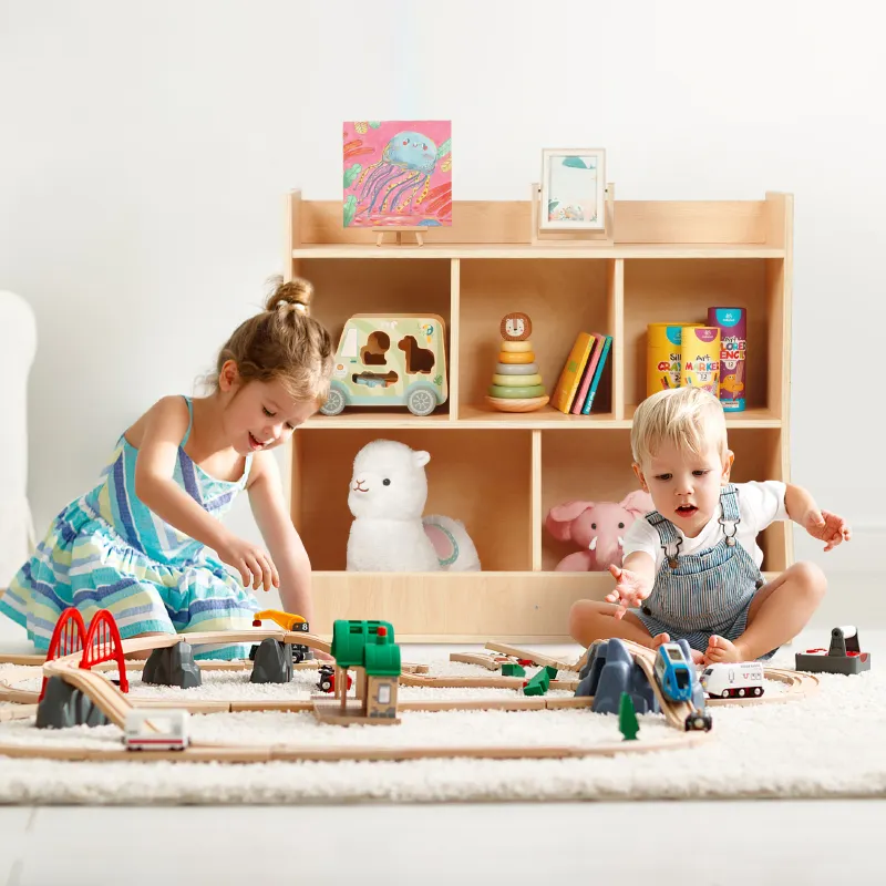 Wooden Kids Bookshelf Home Furniture Montessori Children Toy Display Storage Shelf With 5 Storage Bins