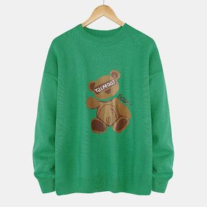 Sweater Pullover pria, Sweater rajutan kasual leher Crew motif kartun beruang untuk lelaki